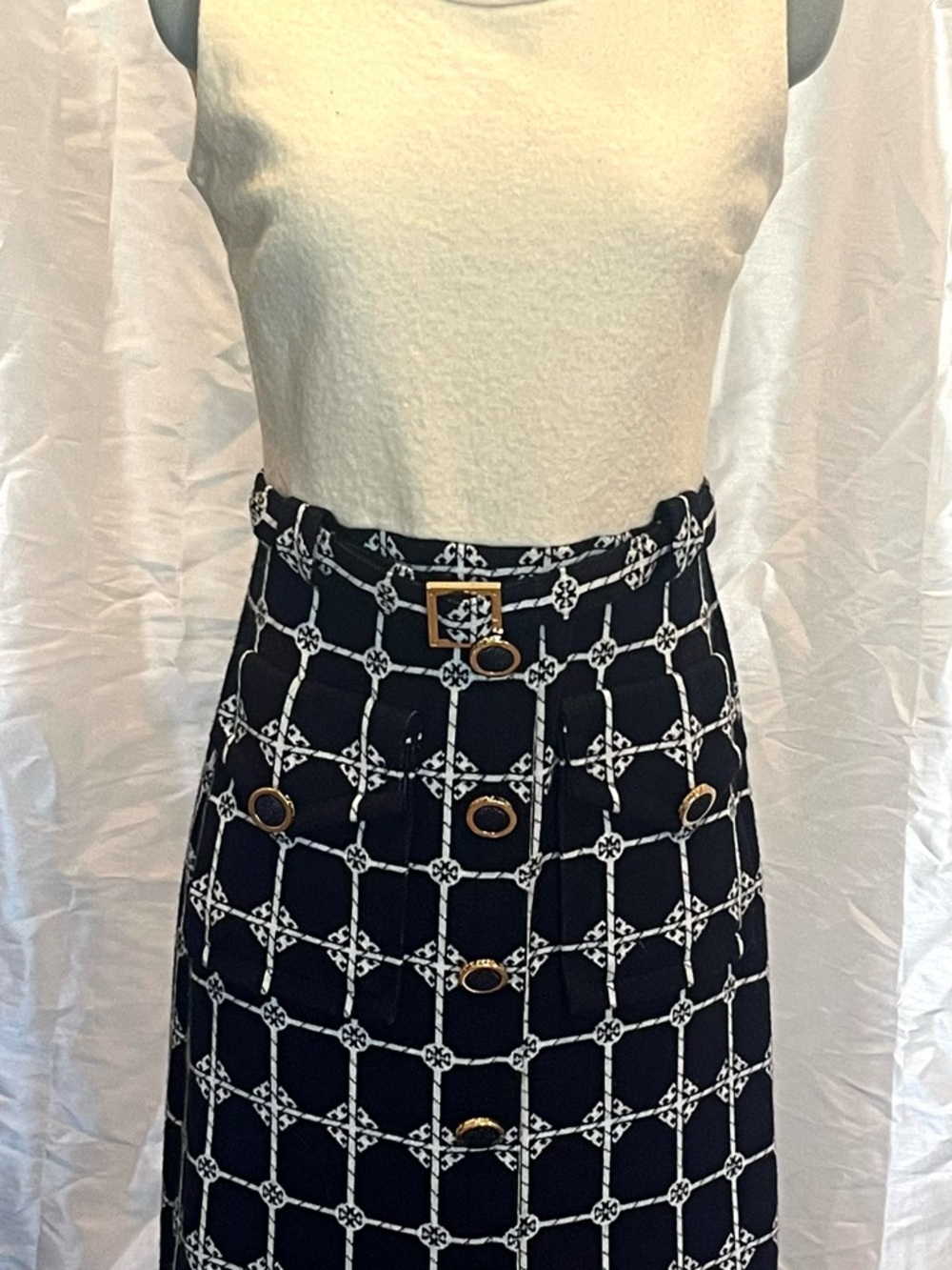 Tory Burch Navy and White Chain-Print Midi Skirt with Gold Buttons
